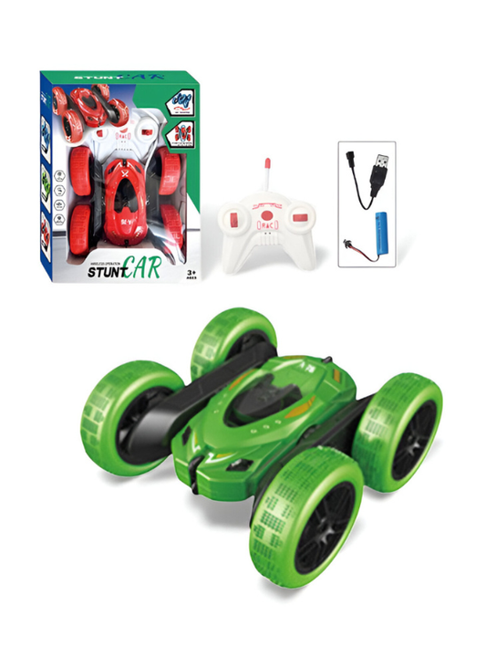 Green - Stunt Car - Remote Control Rechargeable Stunt Cids 360° Spins, Flips & Double-Sided Driving | LED Light-Up Wheels LMI15785.