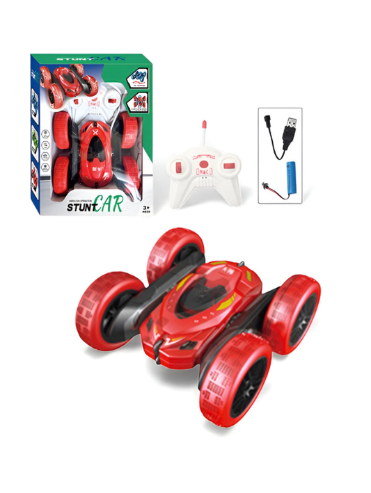 Red - Stunt Car - Remote Control Rechargeable Stunt Cids 360° Spins, Flips & Double-Sided Driving | LED Light-Up Wheels LMI15785.