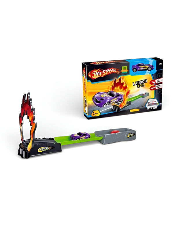 Stunt Race Track Toy Set with Catapult Launcher, Fire Ring Jump & Purple Race Car TV1829.