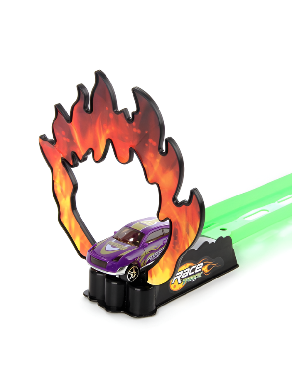 Stunt Race Track Toy Set with Catapult Launcher, Fire Ring Jump & Purple Race Car TV1829.