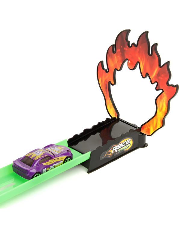 Stunt Race Track Toy Set with Catapult Launcher, Fire Ring Jump & Purple Race Car TV1829.