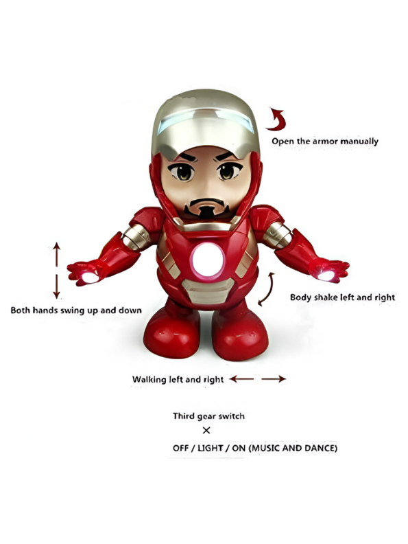 Super Dance Hero Iron Man Toy – Music, LED Lights, 360° Rotation & Flashing Lights, Interactive Action Figure for Kids.
