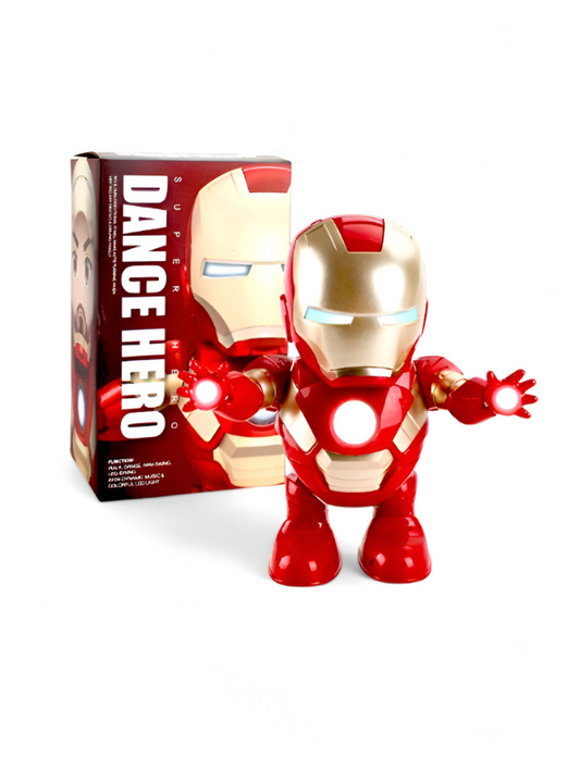 Super Dance Hero Iron Man Toy – Music, LED Lights, 360° Rotation & Flashing Lights, Interactive Action Figure for Kids.