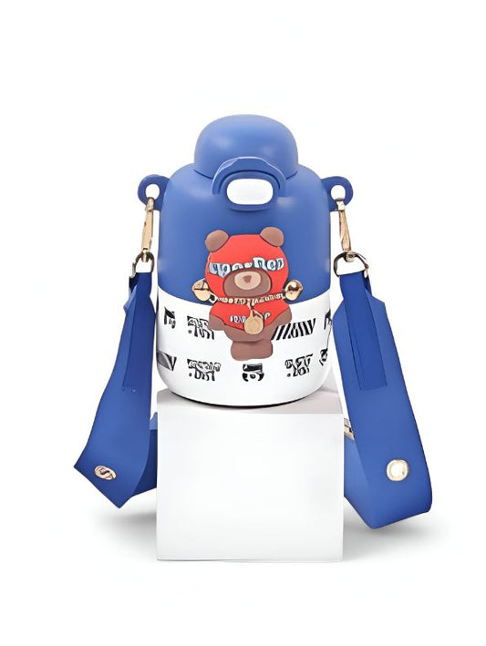 Blue - Super Bear – 430ml Stainless Steel Water Bottle |  Cute Tritan Straw Sipper for Kids | Leak-Proof Cartoon School Bottle for Students & Children NOV4297.