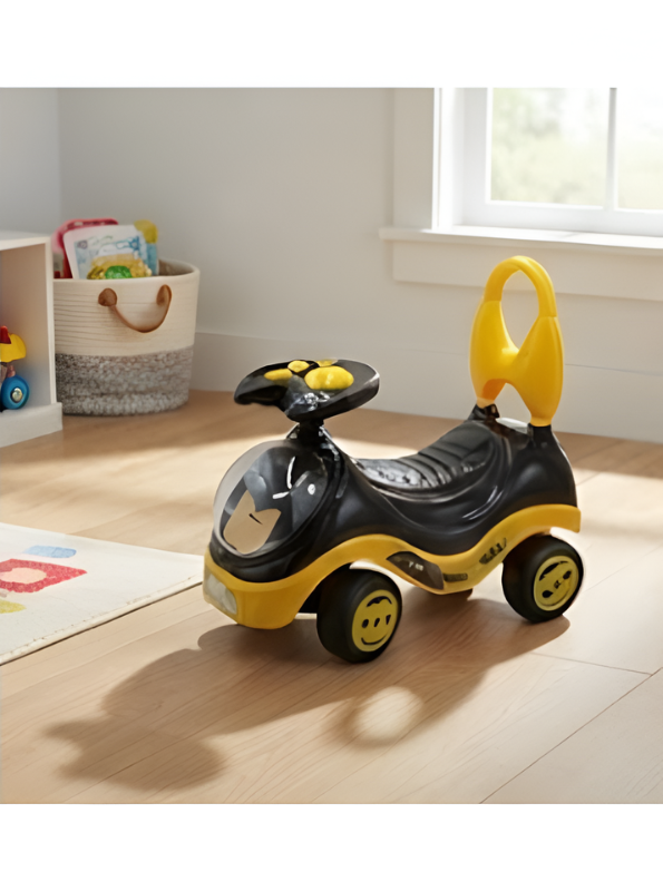 Superhero Ride-On Push Car with Music, Steering Wheel & Backrest Support Handle (Black & Yellow) LMI8649