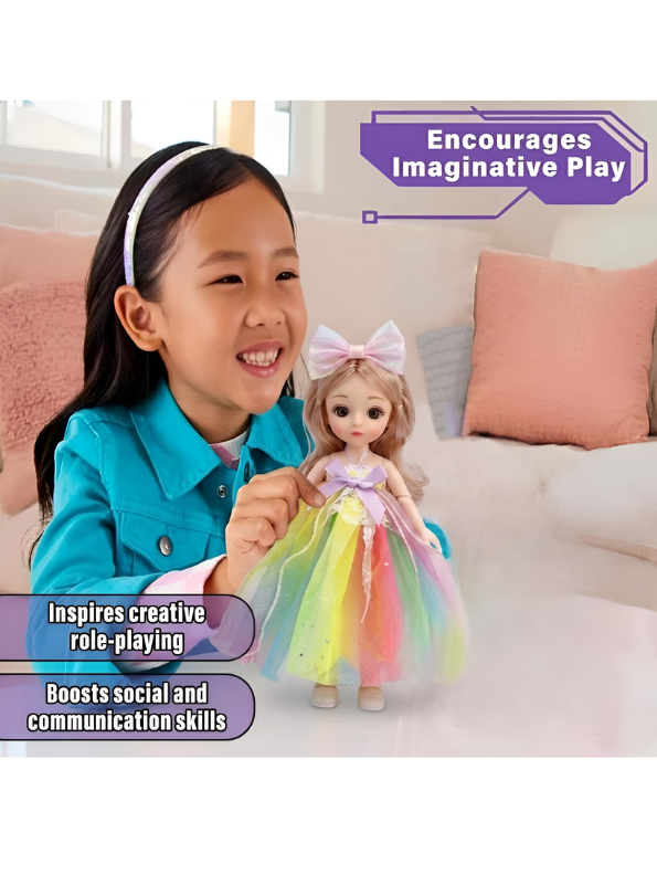 Sweet Princess Fashion Doll Toy Set with Rainbow Tulle Gown, Magic Wand & Pretend Play Accessories LMI16615
