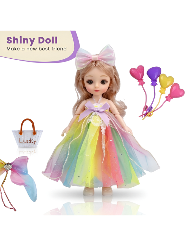 Sweet Princess Fashion Doll Toy Set with Rainbow Tulle Gown, Magic Wand & Pretend Play Accessories LMI16615