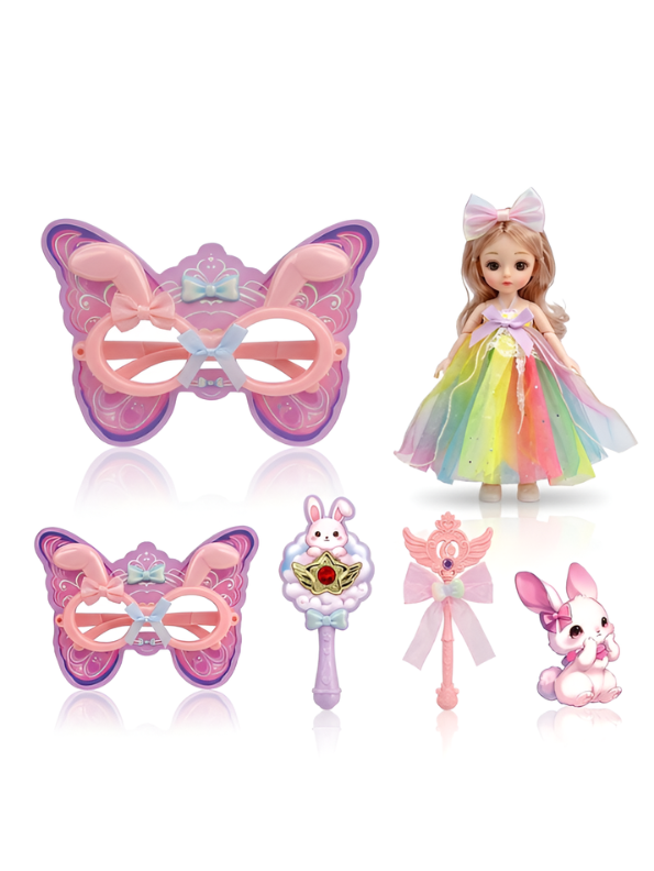 Sweet Princess Fashion Doll Toy Set with Rainbow Tulle Gown, Magic Wand & Pretend Play Accessories LMI16615