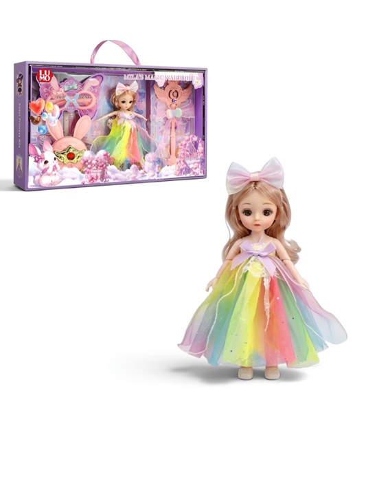 Sweet Princess Fashion Doll Toy Set with Rainbow Tulle Gown, Magic Wand & Pretend Play Accessories LMI16615