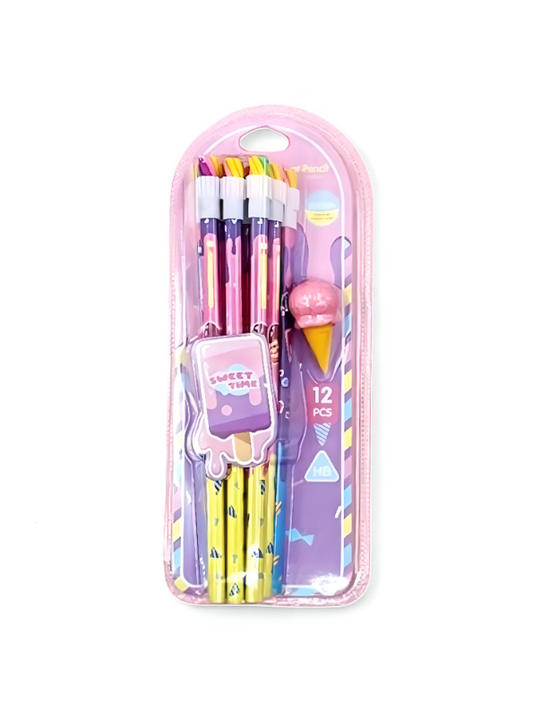 Sweet Time 12-Piece Pencil Set | Cute Ice Cream Themed Stationery Kit | Back to School Supplies Gift for Girls NOVGBT-121206-E.