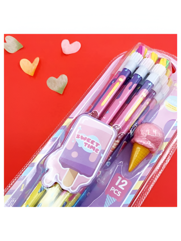 Sweet Time 12-Piece Pencil Set | Cute Ice Cream Themed Stationery Kit | Back to School Supplies Gift for Girls NOVGBT-121206-E.