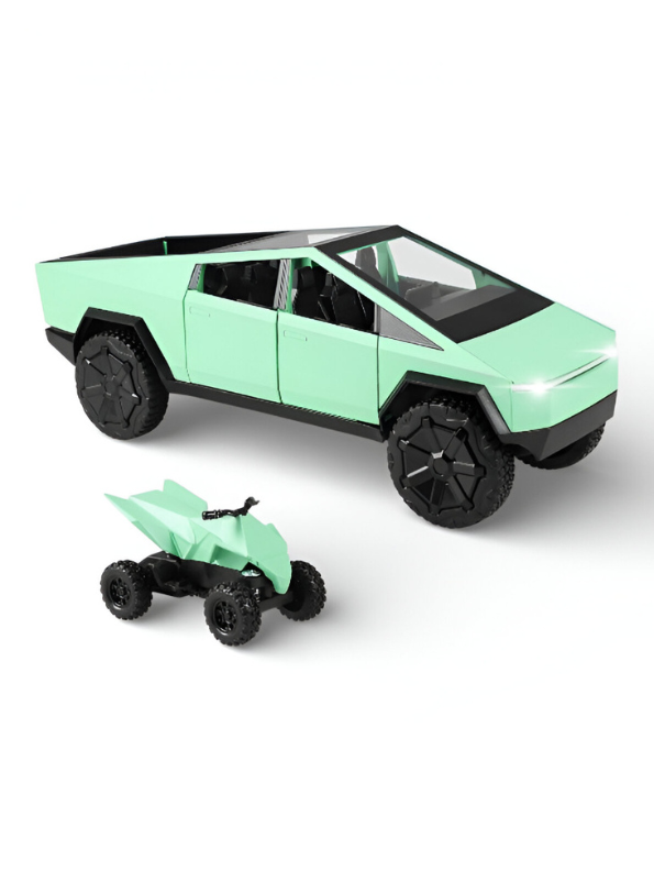 Tesla Cybertruck Diecast Set with Cyberquad and Detachable Camper Trailer - Mint Green & Silver Modern Design - 1:24 Scale Collectible Electric Truck Model for Kids and Adults  LMI15687.