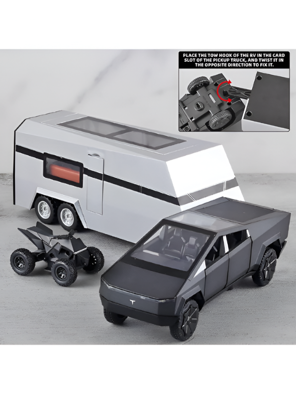 Black Tesla Cybertruck Miniature Diecast Model Kit - Includes Overland Camper & Cyberquad - 1/32 Scale Alloy Diecast Car Truck - Electric Vehicle Collectible - Car Enthusiasts LMI15600