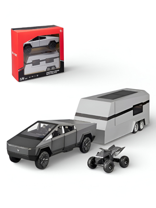 Tesla Cybertruck 1:24 Diecast Model Set with CyberTrailer and CyberQuad – Silver Edition LMI15518