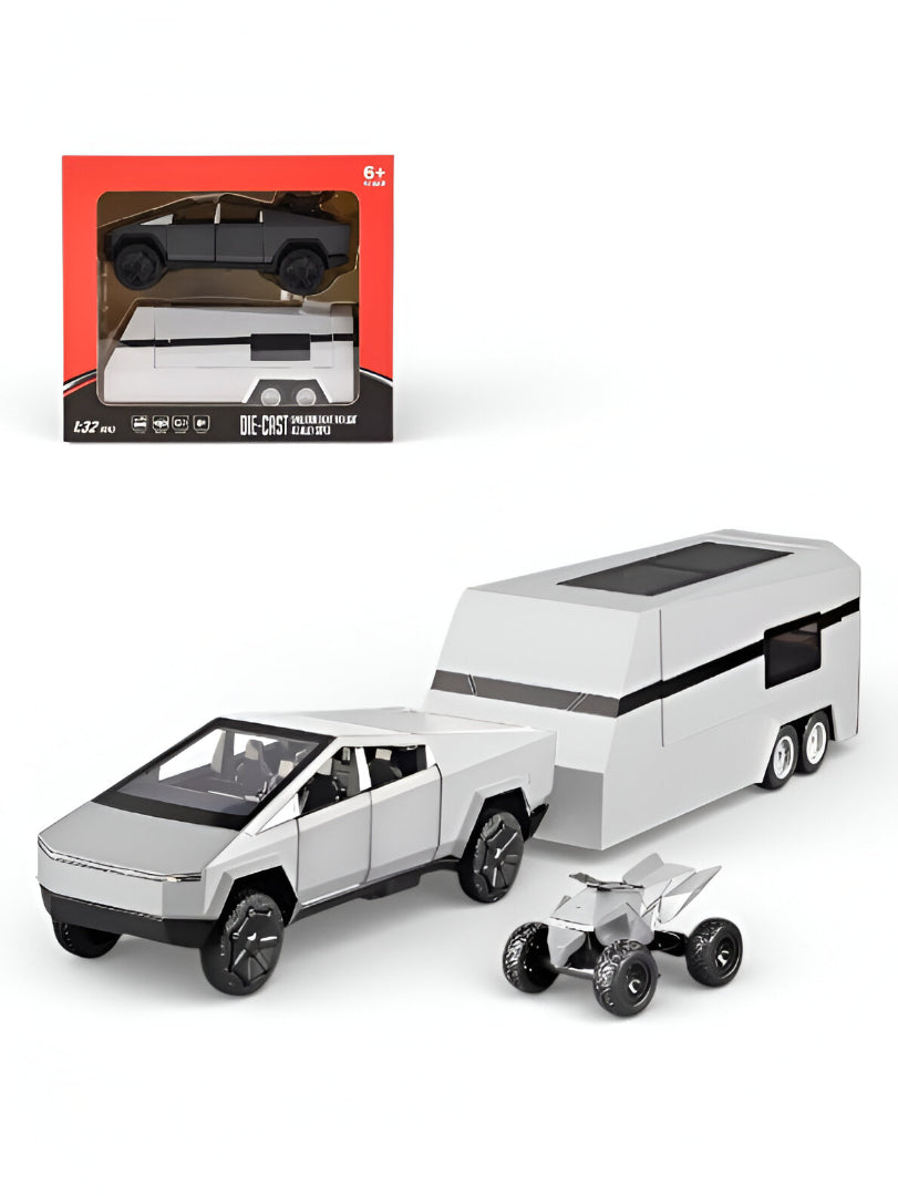 Tesla Cybertruck Miniature Diecast Model Kit - Includes Overland Camper & Cyberquad - 1/32 Scale Alloy Diecast Car Truck - Electric Vehicle Collectible - Car Enthusiasts LMI15600