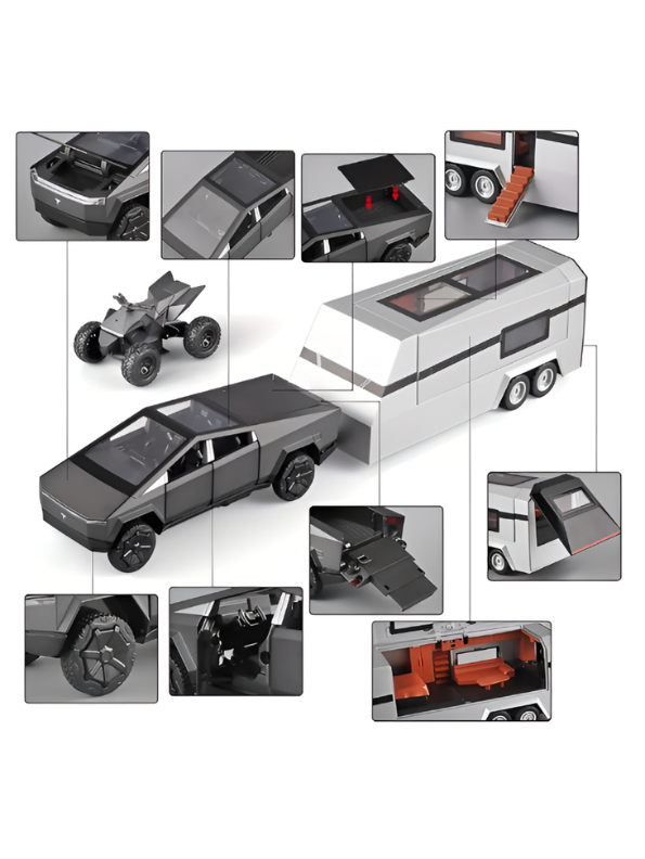 Black Tesla Cybertruck Miniature Diecast Model Kit - Includes Overland Camper & Cyberquad - 1/32 Scale Alloy Diecast Car Truck - Electric Vehicle Collectible - Car Enthusiasts LMI15600