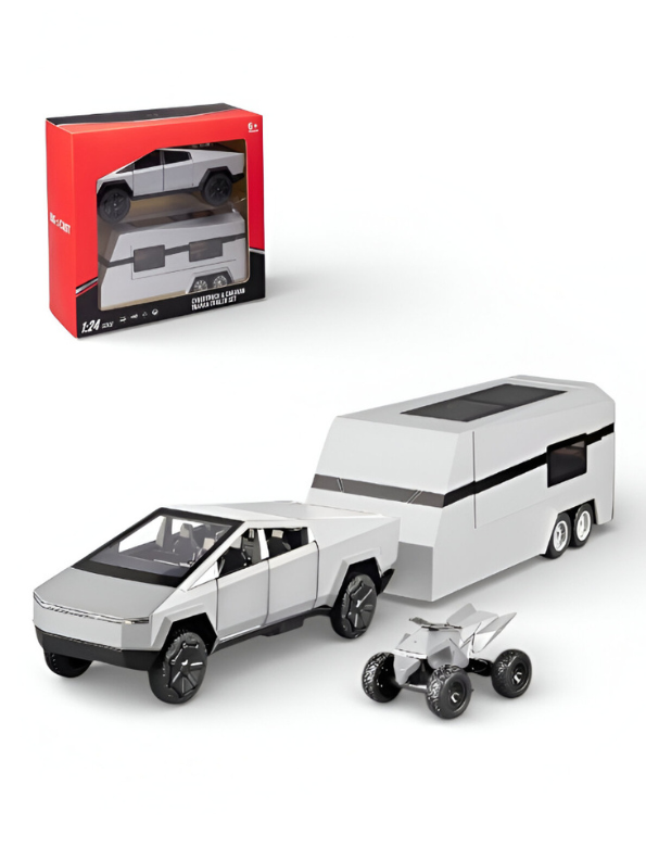 Tesla Cybertruck 1:24 Diecast Model Set with CyberTrailer and CyberQuad – Silver Edition LMI15518
