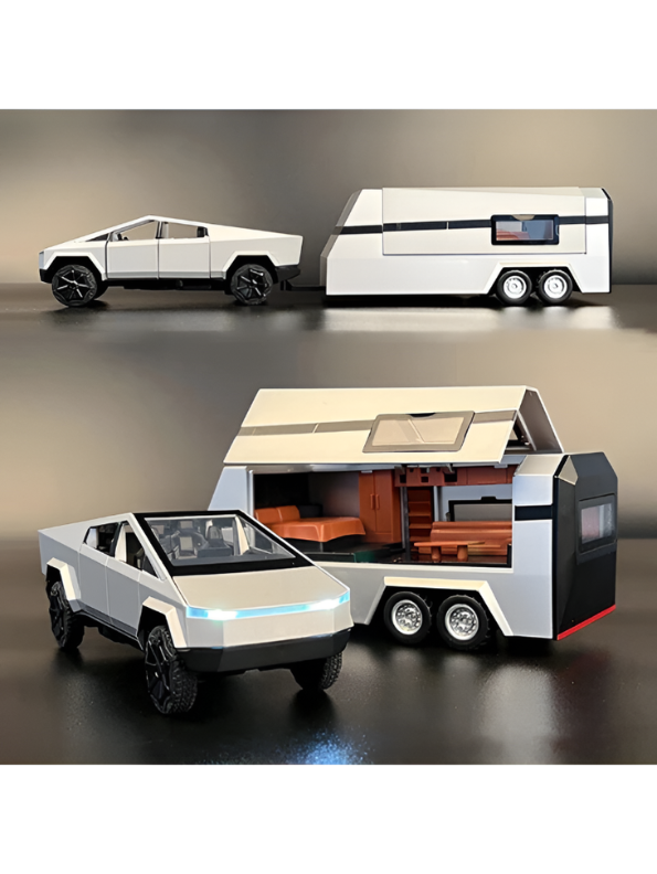 Tesla Cybertruck Diecast Set with Cyberquad and Detachable Camper Trailer - Modern Design - 1:24 Scale Collectible Electric Truck Model for Kids and Adults  LMI15687