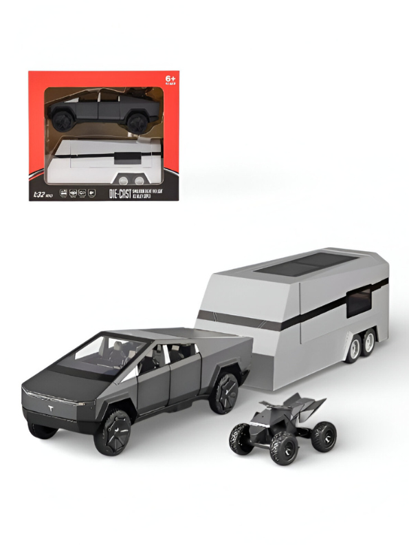 Black Tesla Cybertruck Miniature Diecast Model Kit - Includes Overland Camper & Cyberquad - 1/32 Scale Alloy Diecast Car Truck - Electric Vehicle Collectible - Car Enthusiasts LMI15600