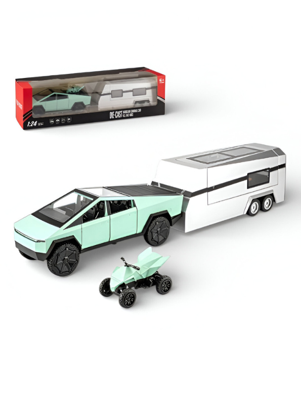 Tesla Cybertruck Diecast Set with Cyberquad and Detachable Camper Trailer - Modern Design - 1:24 Scale Collectible Electric Truck Model for Kids and Adults  LMI15687