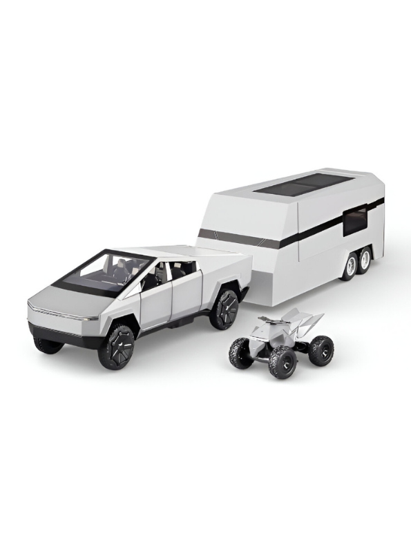 Tesla Cybertruck Diecast Set with Cyberquad and Detachable Camper Trailer - Modern Design - 1:24 Scale Collectible Electric Truck Model for Kids and Adults  LMI15687