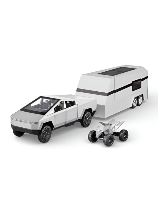 Tesla Cybertruck 1:24 Diecast Model Set with CyberTrailer and CyberQuad – Silver Edition LMI15518