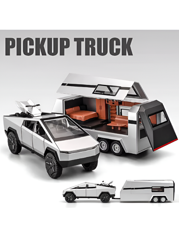 Tesla Cybertruck Diecast Set with Cyberquad and Detachable Camper Trailer - Modern Design - 1:24 Scale Collectible Electric Truck Model for Kids and Adults  LMI15687