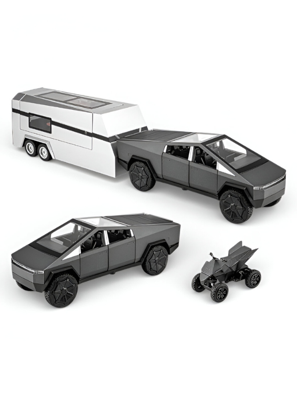 Black Tesla Cybertruck Miniature Diecast Model Kit - Includes Overland Camper & Cyberquad - 1/32 Scale Alloy Diecast Car Truck - Electric Vehicle Collectible - Car Enthusiasts LMI15600