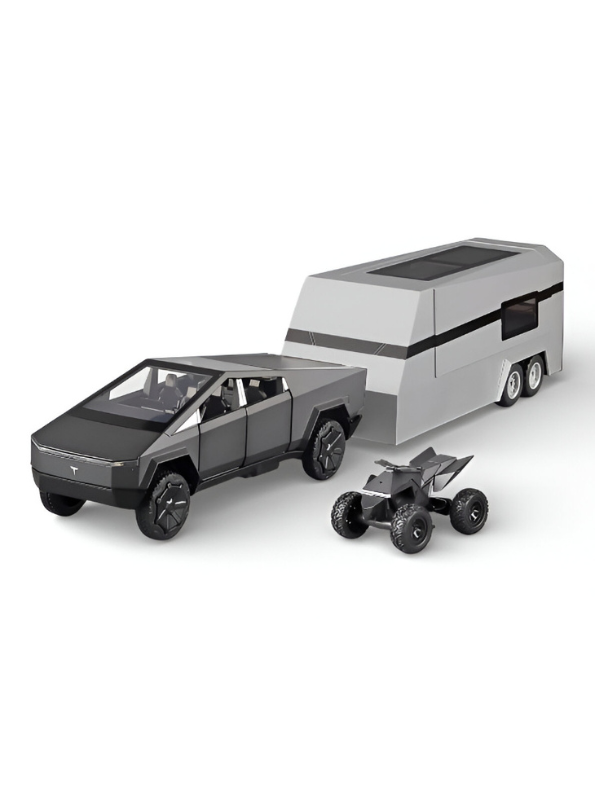 Black Tesla Cybertruck Miniature Diecast Model Kit - Includes Overland Camper & Cyberquad - 1/32 Scale Alloy Diecast Car Truck - Electric Vehicle Collectible - Car Enthusiasts LMI15600
