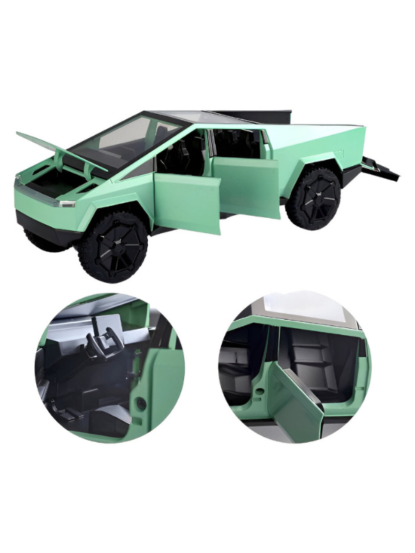 Tesla Cybertruck Diecast Set with Cyberquad and Detachable Camper Trailer - Mint Green & Silver Modern Design - 1:24 Scale Collectible Electric Truck Model for Kids and Adults  LMI15687.