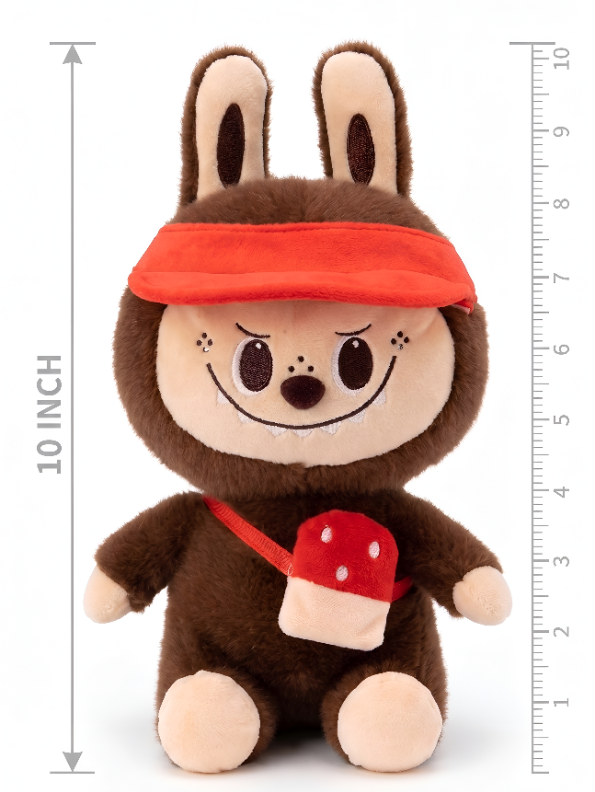 Brown Labubu Plush with Red Visor and Mushroom Crossbody Bag – 10-Inch Soft Forest Creature Stuffed Animal Toy for Kids and Collectors ST15996