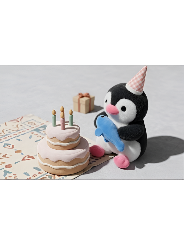 Penguin 8-Inch Cute Plush Toy with Party Hat and Blue Fish | Black Soft Stuffed Animal for Kids and Toddlers ST16026