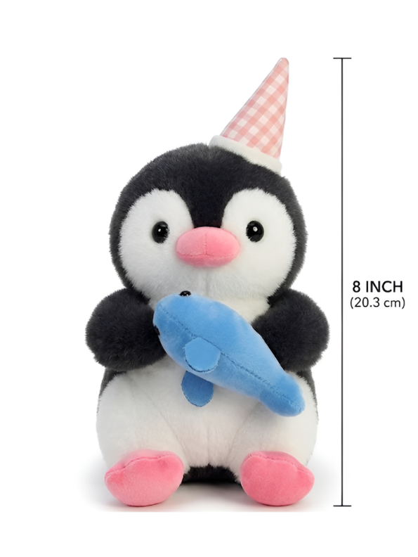 Penguin 8-Inch Cute Plush Toy with Party Hat and Blue Fish | Black Soft Stuffed Animal for Kids and Toddlers ST16026