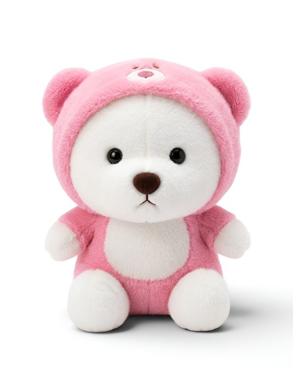 Teddy Bear Plush – 8-Inch Pink & White Ultra-Soft Stuffed Animal with Bear Hood and Heart Detail – Cute Kawaii Room Decor & Gift for Kids ST13209
