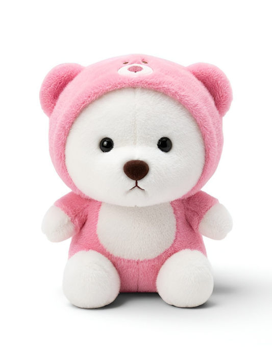 Teddy Bear Plush – 8-Inch Pink & White Ultra-Soft Stuffed Animal with Bear Hood and Heart Detail – Cute Kawaii Room Decor & Gift for Kids ST13209