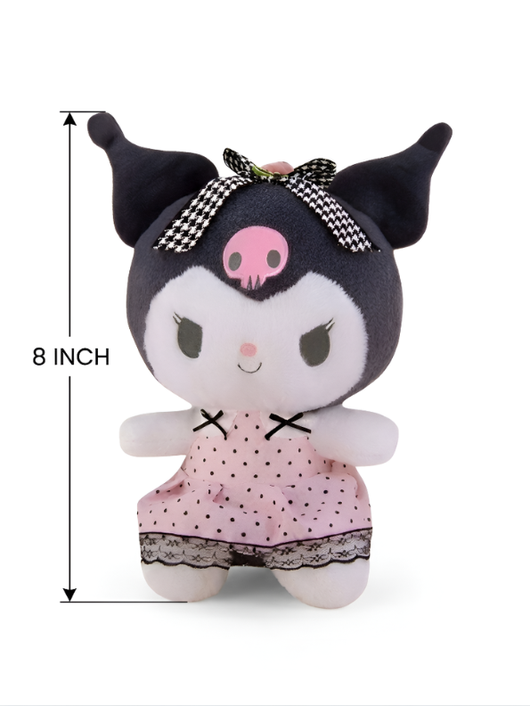 Sanrio Kuromi Plush Doll | 8" Stuffed Animal Toy | Goth-Lolita Pink Dress & Houndstooth Bow | Authentic Character Collectible ST16007