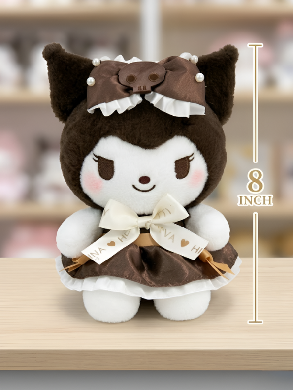 Kuromi Chocolate Lolita Plush – 8-Inch Sanrio-Inspired Kawaii Brown Dress Stuffed Animal with Skull Ribbon & Pearl Accents ST16351