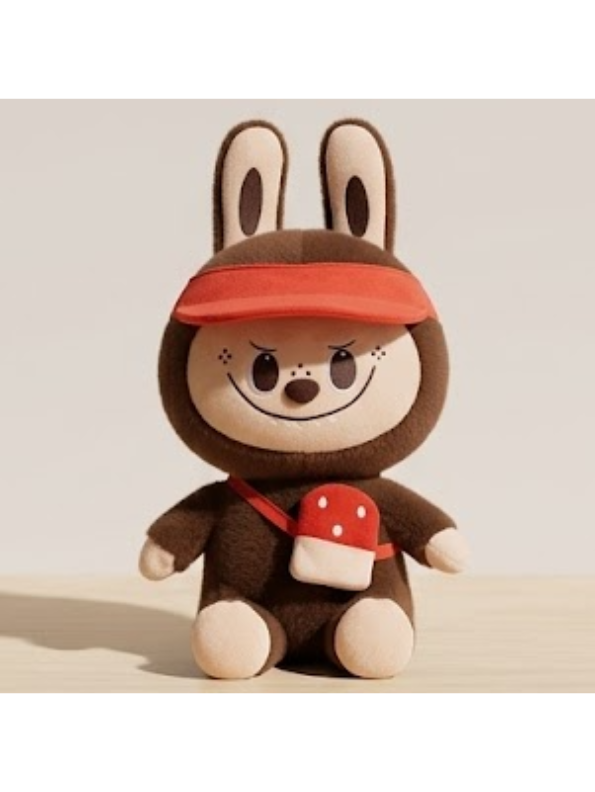 Brown Labubu Plush with Red Visor and Mushroom Crossbody Bag – 10-Inch Soft Forest Creature Stuffed Animal Toy for Kids and Collectors ST15996