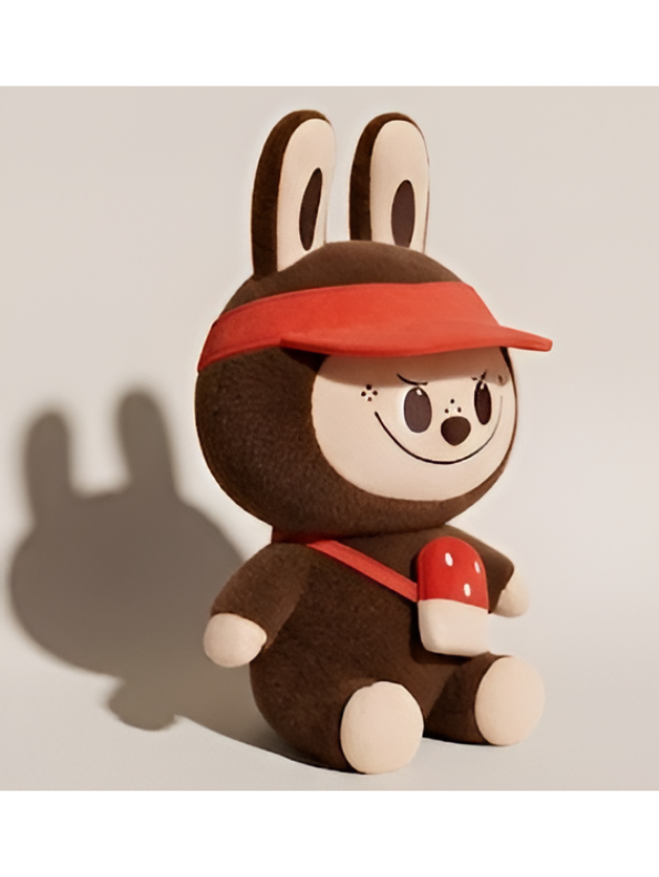 Brown Labubu Plush with Red Visor and Mushroom Crossbody Bag – 10-Inch Soft Forest Creature Stuffed Animal Toy for Kids and Collectors ST15996