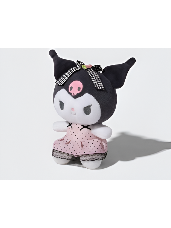 Sanrio Kuromi Plush Doll | 8" Stuffed Animal Toy | Goth-Lolita Pink Dress & Houndstooth Bow | Authentic Character Collectible ST16007