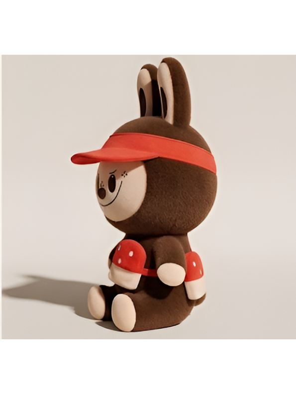 Brown Labubu Plush with Red Visor and Mushroom Crossbody Bag – 10-Inch Soft Forest Creature Stuffed Animal Toy for Kids and Collectors ST15996