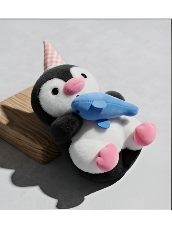 Penguin 8-Inch Cute Plush Toy with Party Hat and Blue Fish | Black Soft Stuffed Animal for Kids and Toddlers ST16026