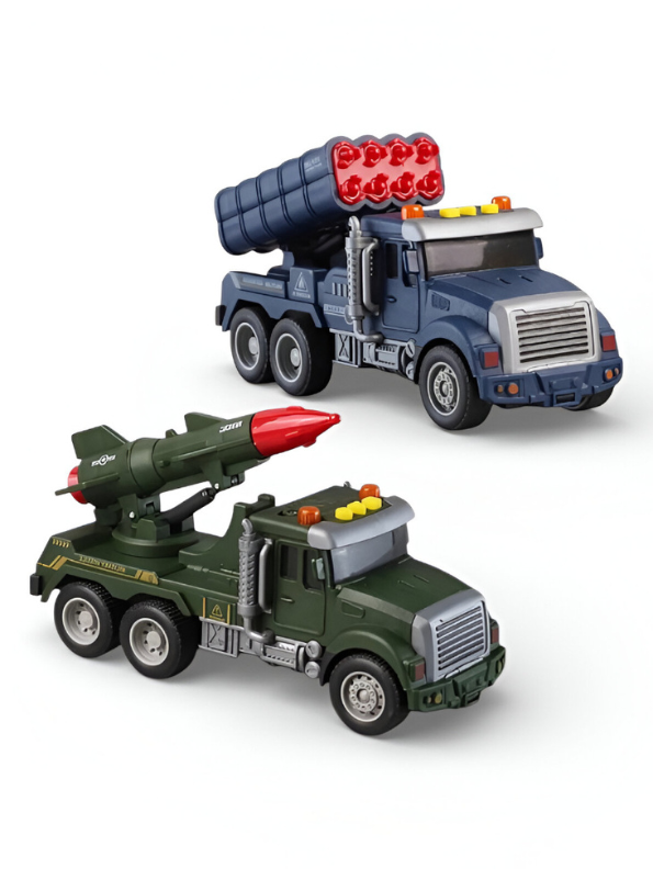 2-Pack Military Missile Launcher Toy Trucks – Friction-Powered Army Vehicles with Lights & Sounds, Green & Blue Rocket Launcher Trucks for Kids Ages 3+ | LMI15422