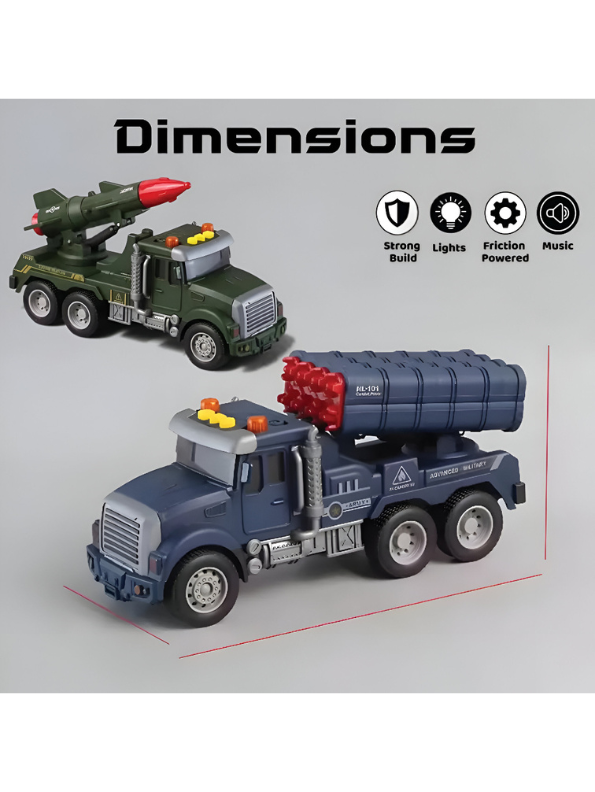 2-Pack Military Missile Launcher Toy Trucks – Friction-Powered Army Vehicles with Lights & Sounds, Green & Blue Rocket Launcher Trucks for Kids Ages 3+ | LMI15422