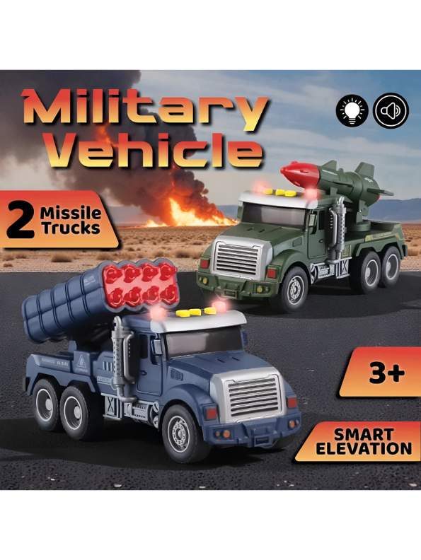 2-Pack Military Missile Launcher Toy Trucks – Friction-Powered Army Vehicles with Lights & Sounds, Green & Blue Rocket Launcher Trucks for Kids Ages 3+ | LMI15422