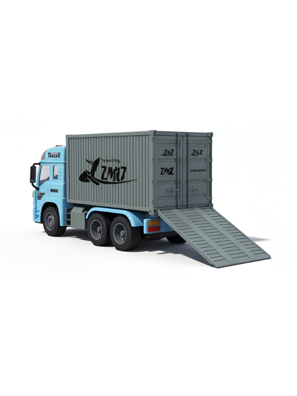 6-Wheel Red Toy Container Truck with Opening Side and Rear Cargo Doors – Blue Friction Powered Transport Vehicle with Lights and Sound for Kids NX16772