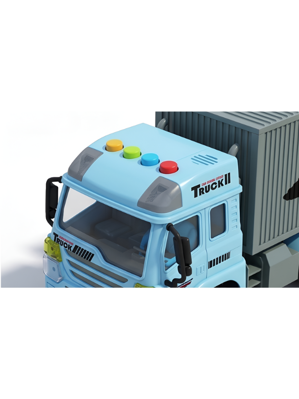 6-Wheel Red Toy Container Truck with Opening Side and Rear Cargo Doors – Blue Friction Powered Transport Vehicle with Lights and Sound for Kids NX16772