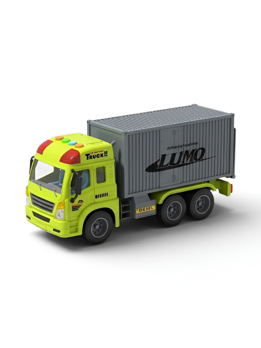 6-Wheel Red Toy Container Truck with Opening Side and Rear Cargo Doors – Neon Green  Friction Powered Transport Vehicle with Lights and Sound for Kids NX16772