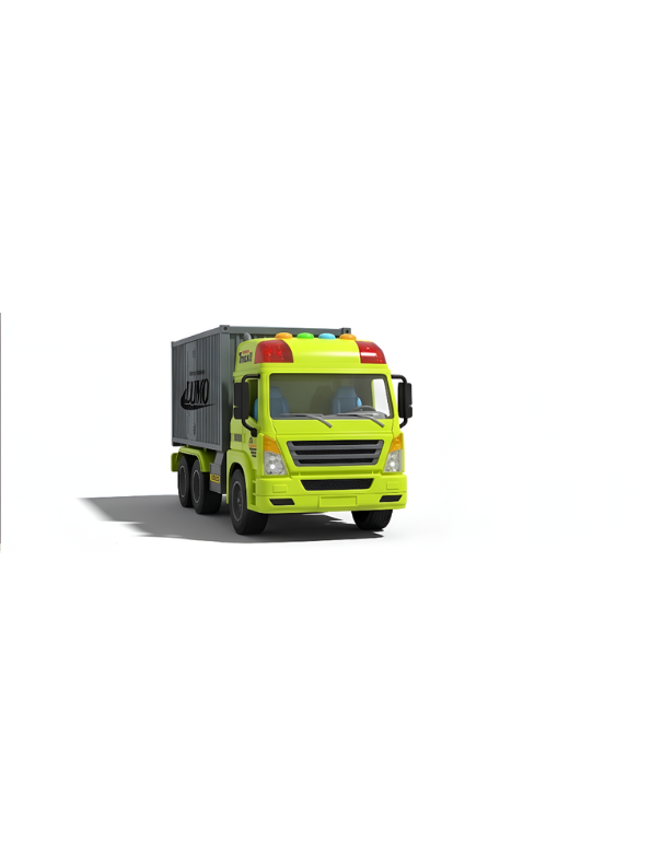 6-Wheel Red Toy Container Truck with Opening Side and Rear Cargo Doors – Neon Green  Friction Powered Transport Vehicle with Lights and Sound for Kids NX16772