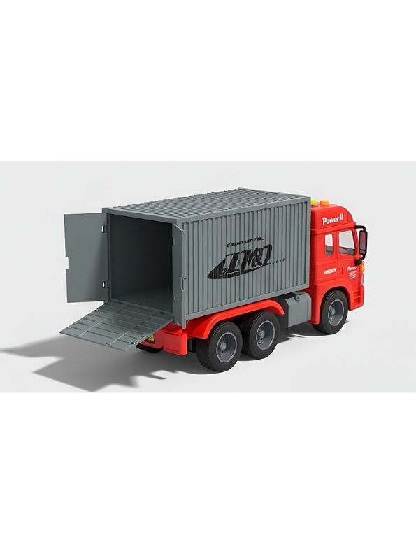 6-Wheel Red Toy Container Truck with Opening Side and Rear Cargo Doors – Friction Powered Transport Vehicle with Lights and Sound for Kids NX16772